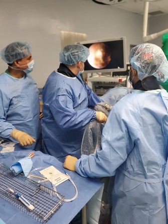 Equipo medico en procedimiento endoscopico con monitor